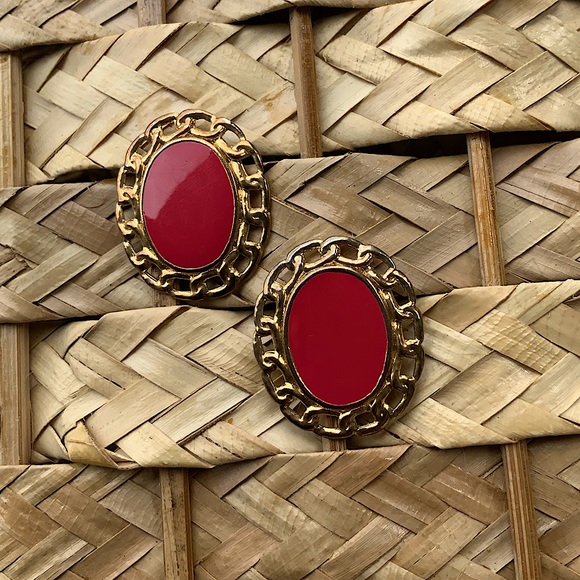 Vintage Jewelry - Red & Gold Stud Earrings